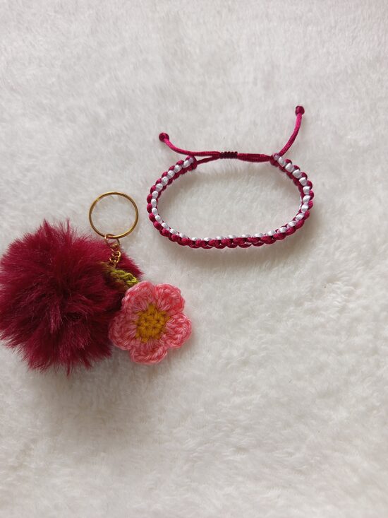 Bracelet and keychain set - dark pink